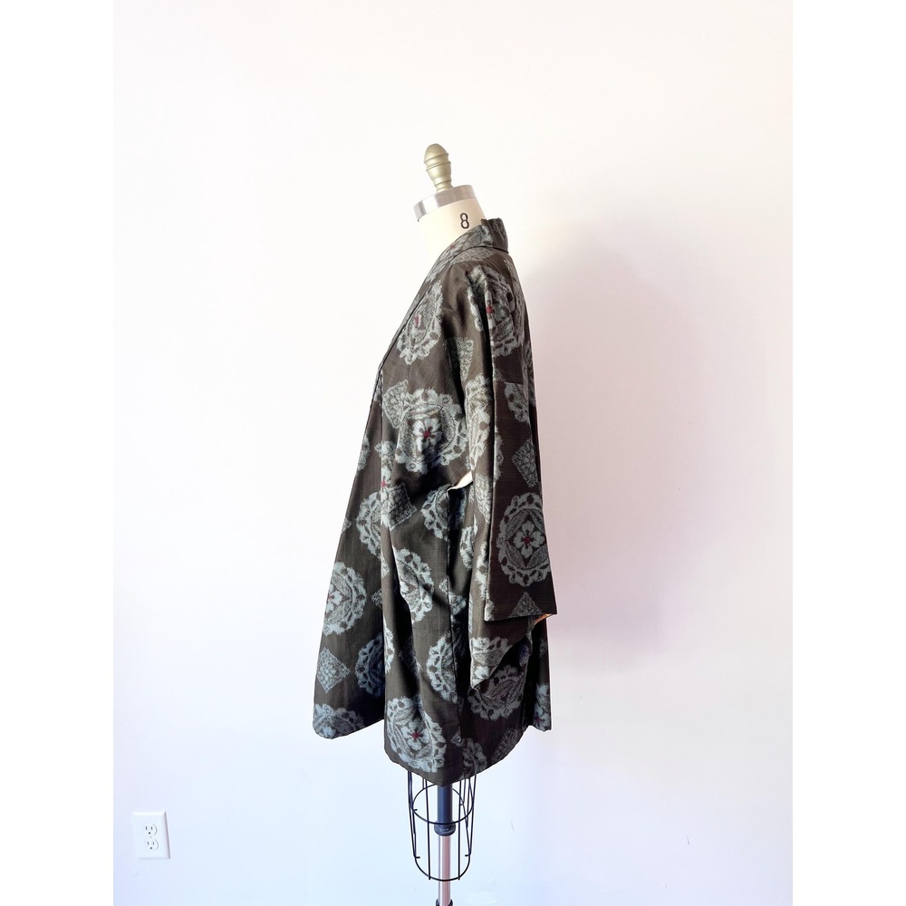 Vintage Haori Kimono Jacket Brown Grey Geometric Medallion Woven Silk Blend - Picture 2 of 6